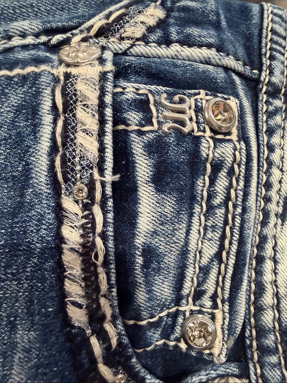 Miss Me Womens Distressed Blue Denim Jeans with Embroidered Pocket - Picture 9 of 10